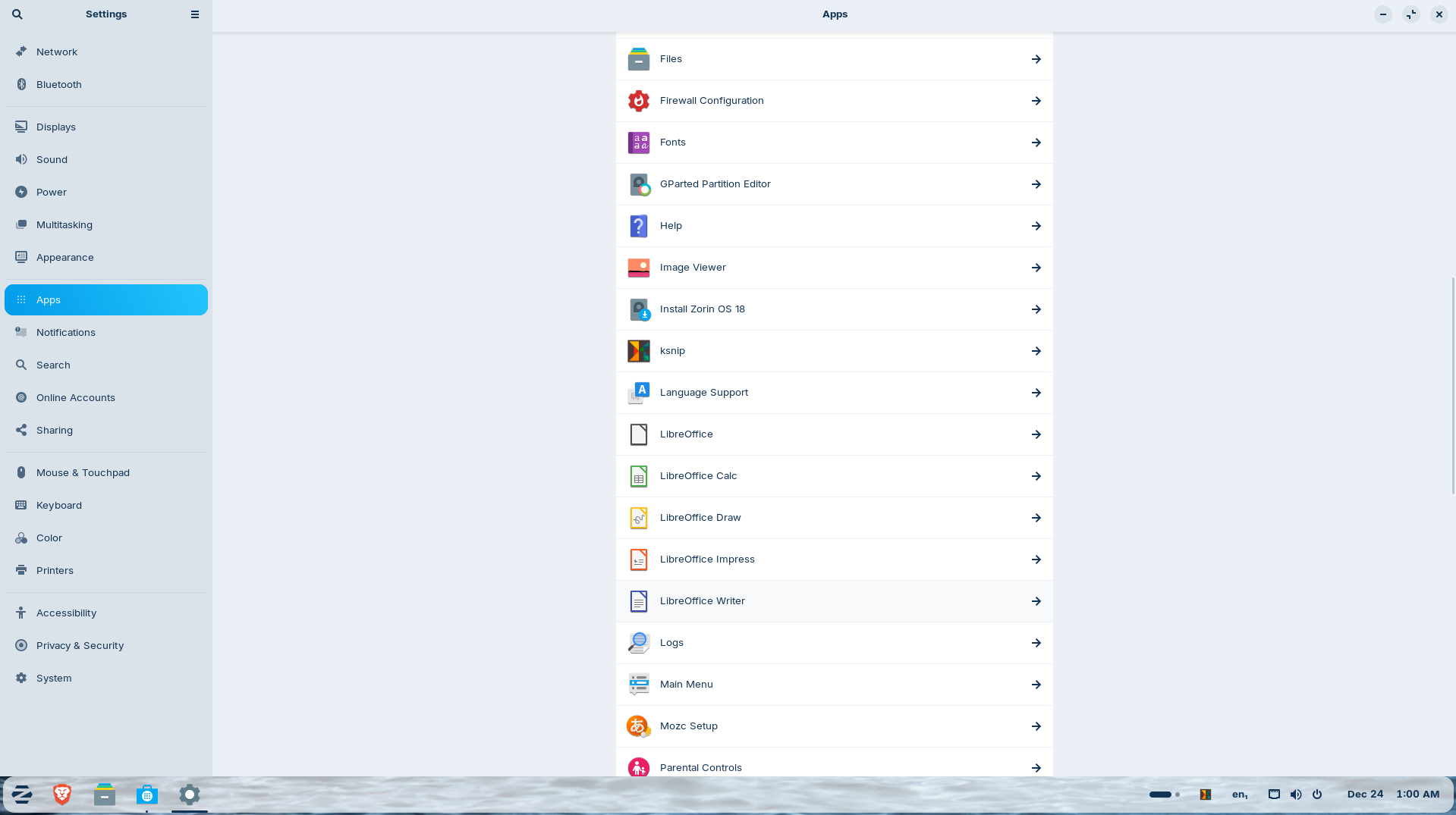 ZorinOS app list.