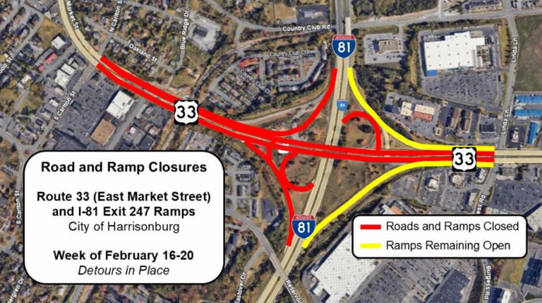 Parts of Route 33, I-81 closed in Harrisonburg amid ongoing construction