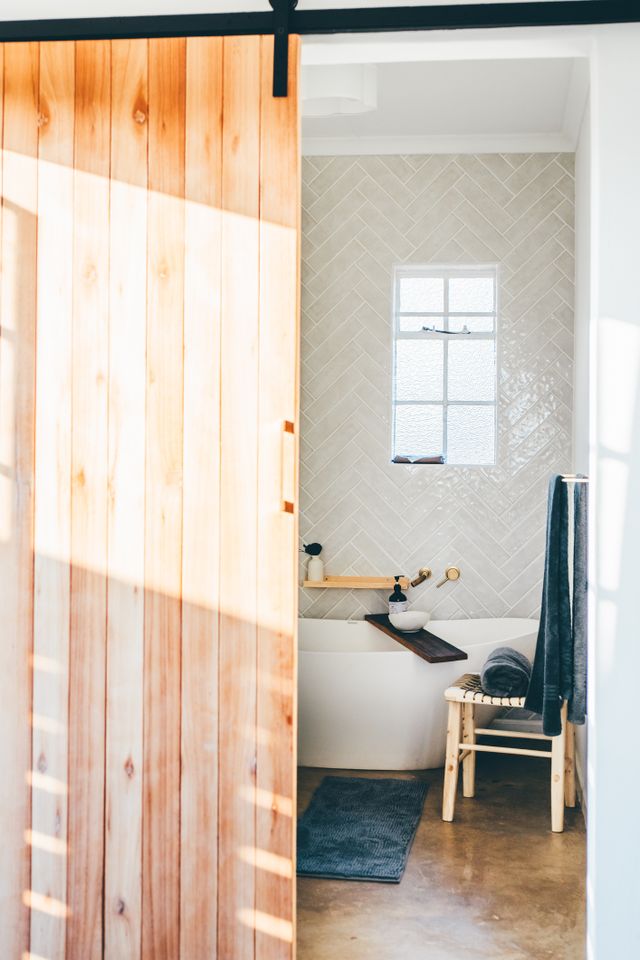 Bathroom with sliding barn door