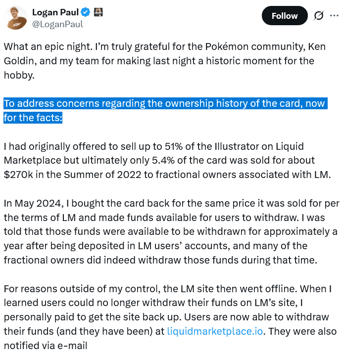 Logan Paul sells Pokmon card for $16.5M, years after fractional NFT row