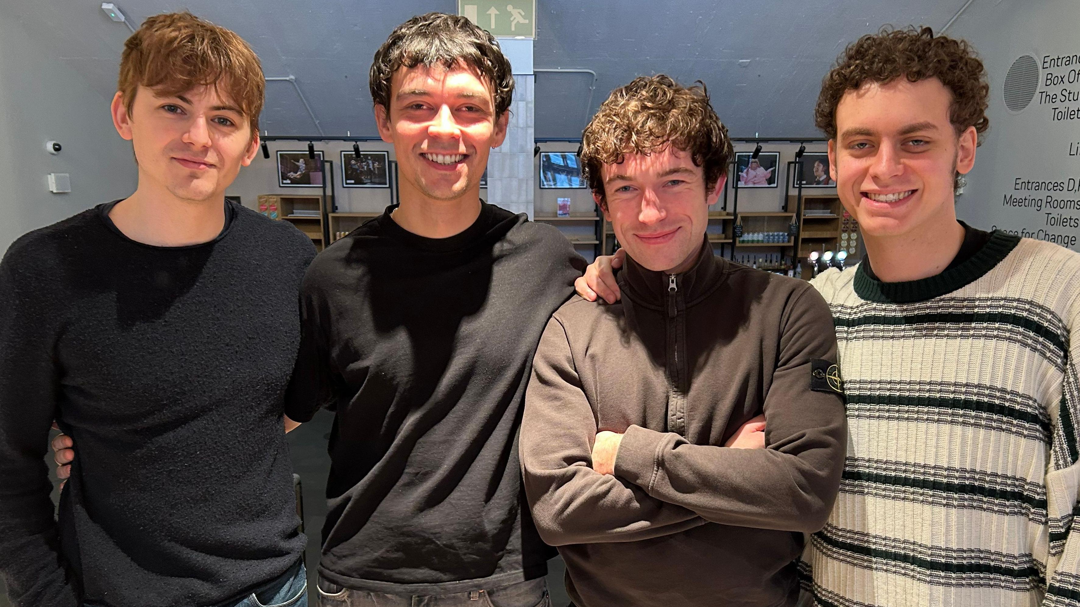 Left-right: Oscar Lloyd (Damon Albarn), Brandon Bendell (Alex James), Paddy Stafford (Noel Gallagher) and George Usher (Liam Gallagher)
