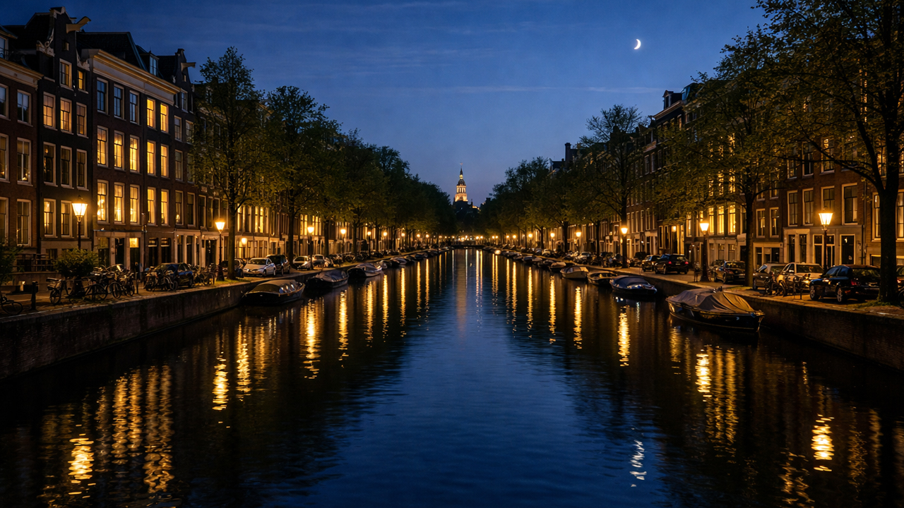 Quiet night along Amsterdam canals