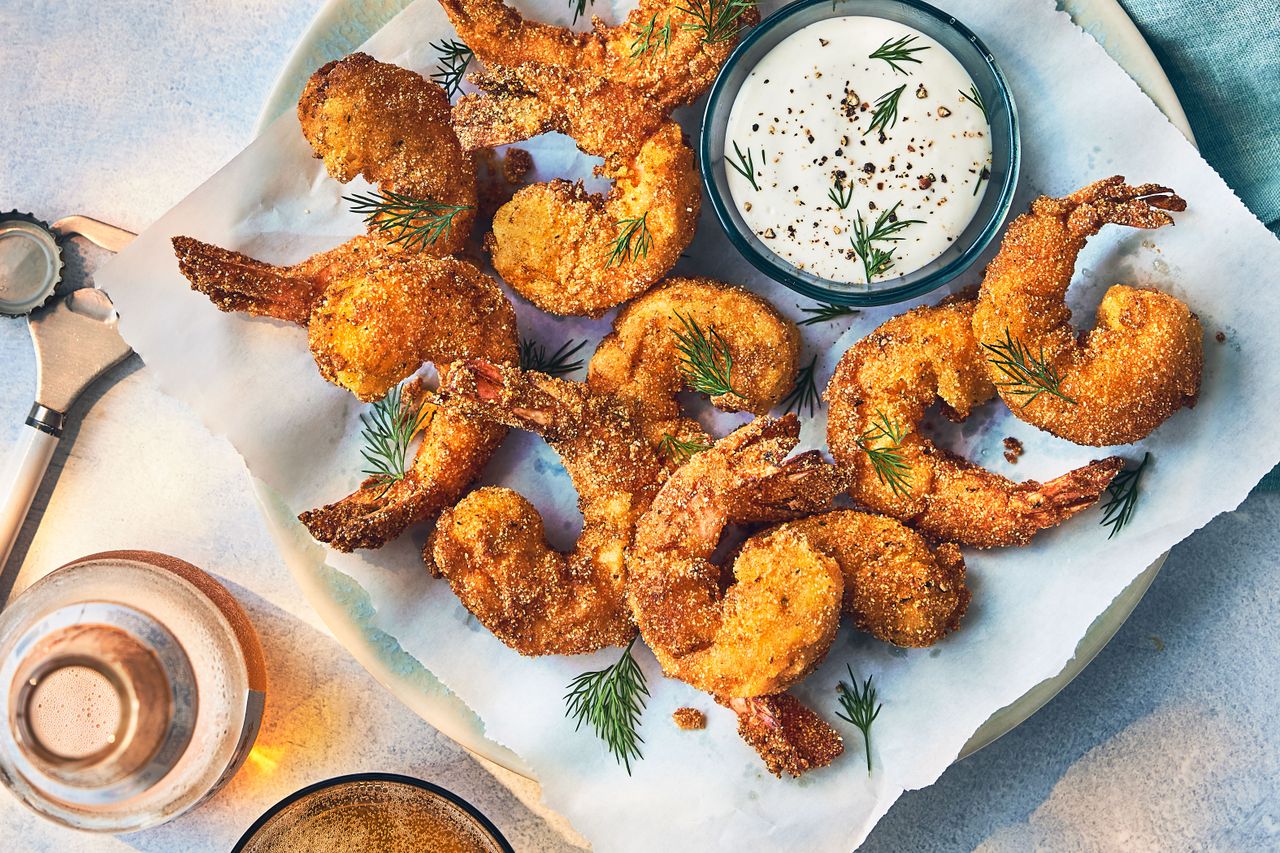 Southern Living Crispy Ranch Shrimp on a platter ready to serve with ranch dressing