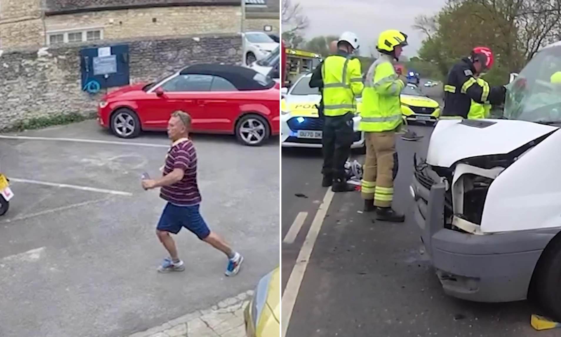Moment drunk driver stumbles out of pub garden before crashing his van ...