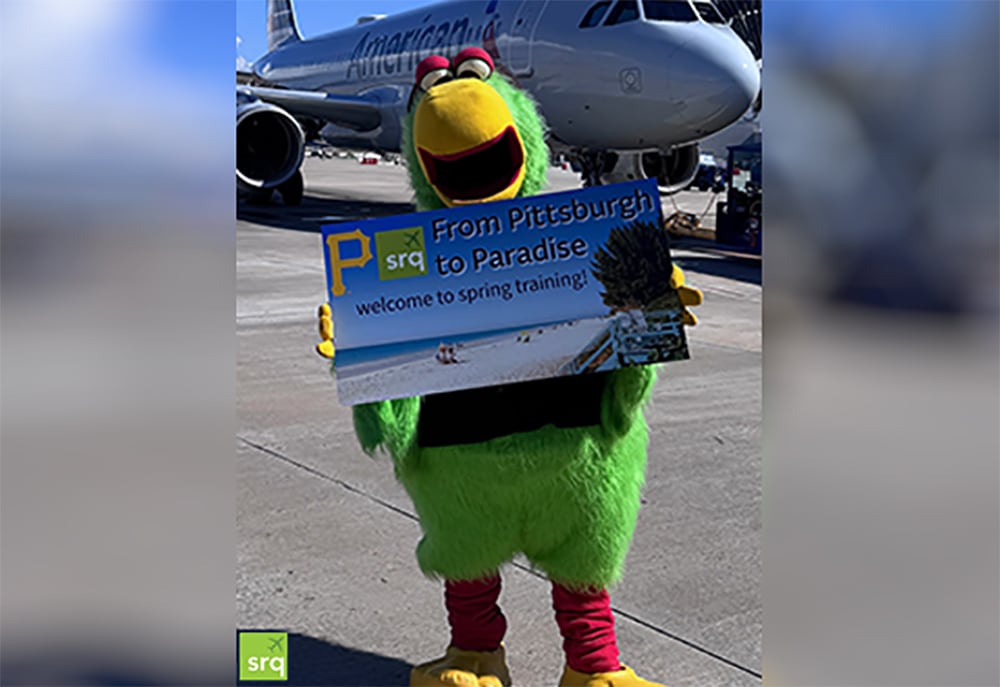 Pittsburgh Pirates mascot arrives at Sarasota airport for spring training