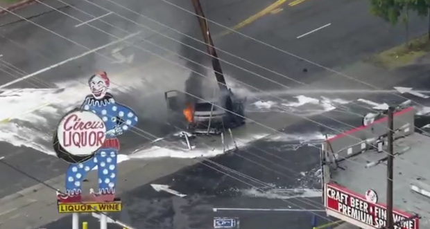EV vehicle crashes into North Hollywood power pole, LAFD crews battle ...