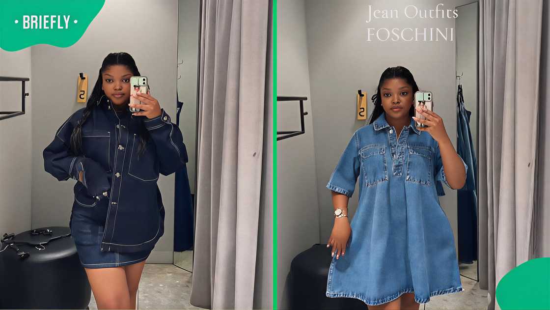 A Mzansi woman showcases her stunning Foschini denim dress range online,  receiving praise for elegance and affordability