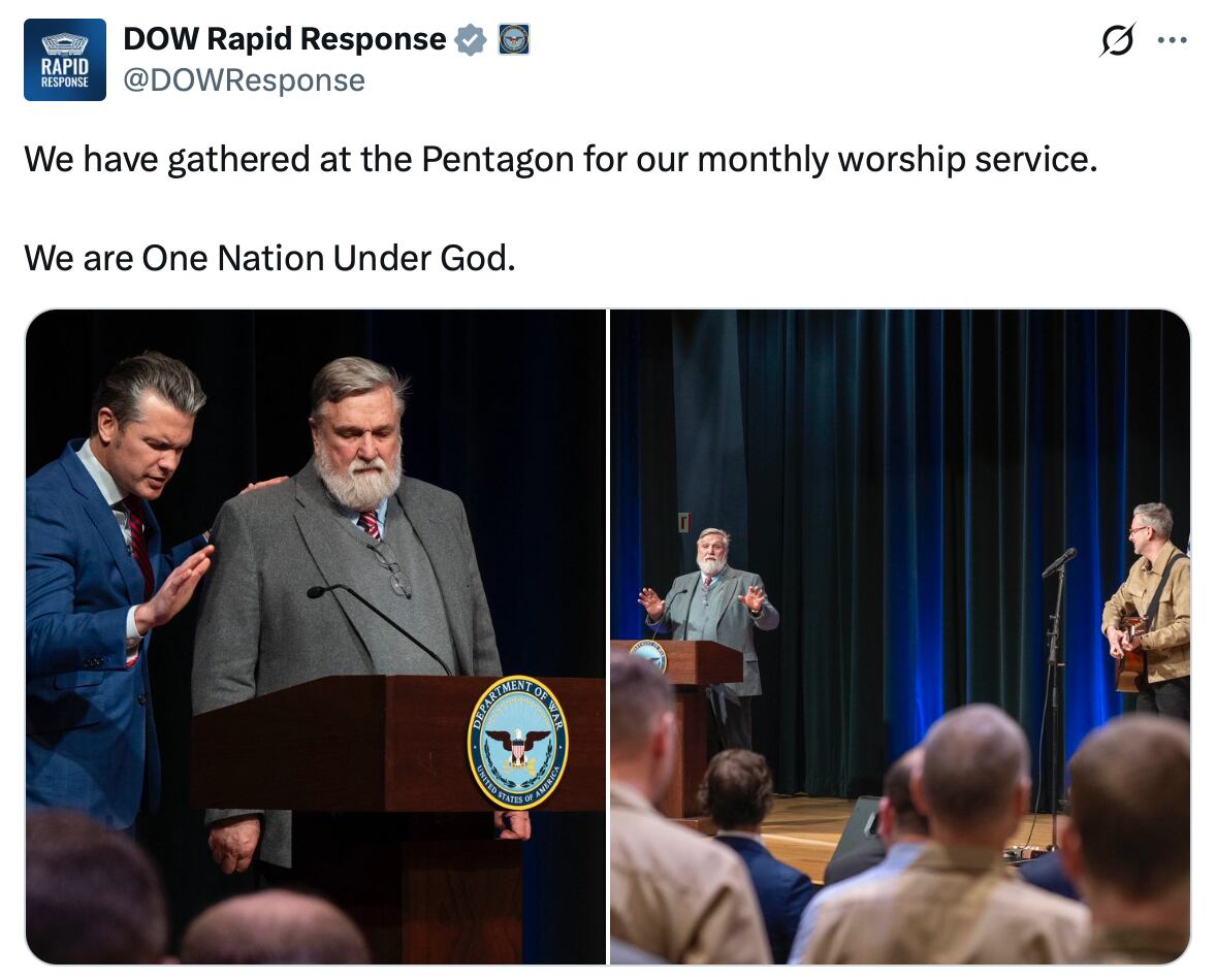 The Pentagon's X account shares photos of Pete Hegseth with Pastor Doug Wilson. / screen grab