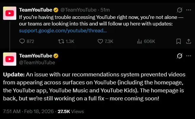 'We're working on full fix': YouTube down for several users worldwide ...