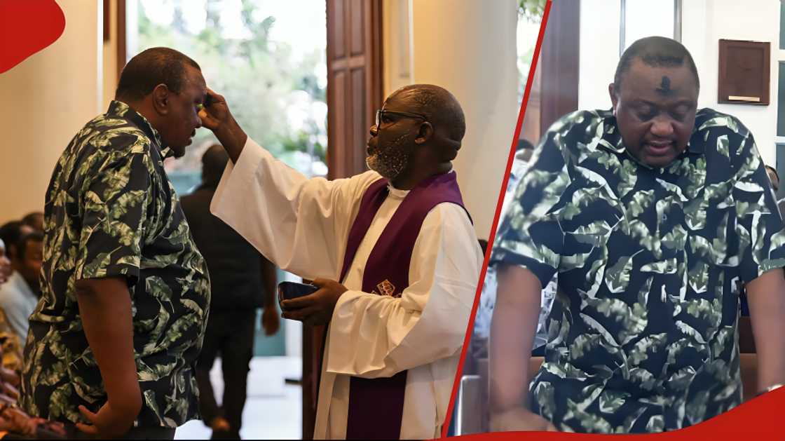 Former president Uhuru Kenyatta marking Ash Wednesday at St. Francis of Assisi Catholic Church in Nyali, Mombasa. Photo: 4thpresidentKE. Source: AFP