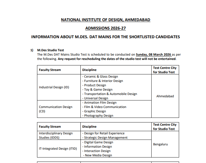 NID DAT 2026 mains exam dates out: Check complete schedule and key ...