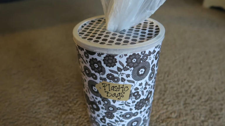 Household items that can be repurposed as plastic bag storage