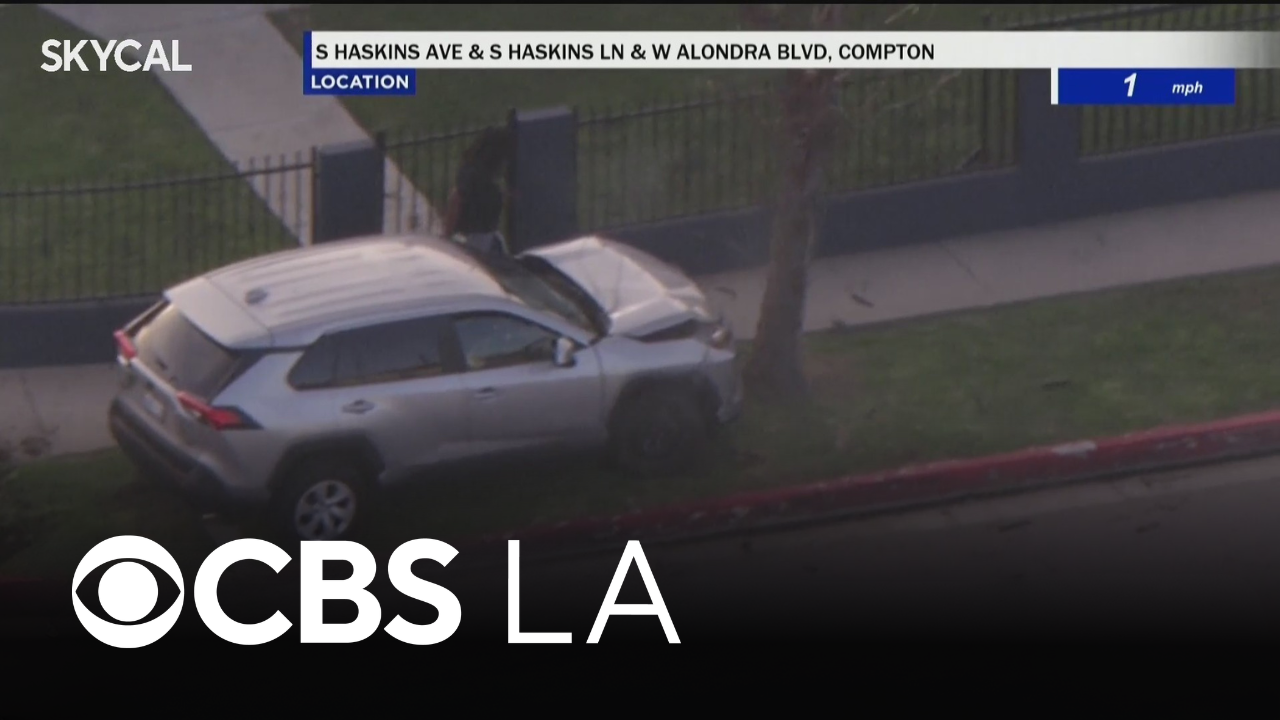 Pursuit with grand theft auto suspect ends with crash into Compton tree<br>