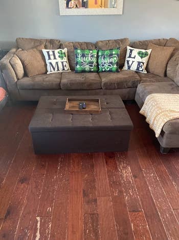 reviewer's living room with two of the closed ottomans functioning as a coffee table