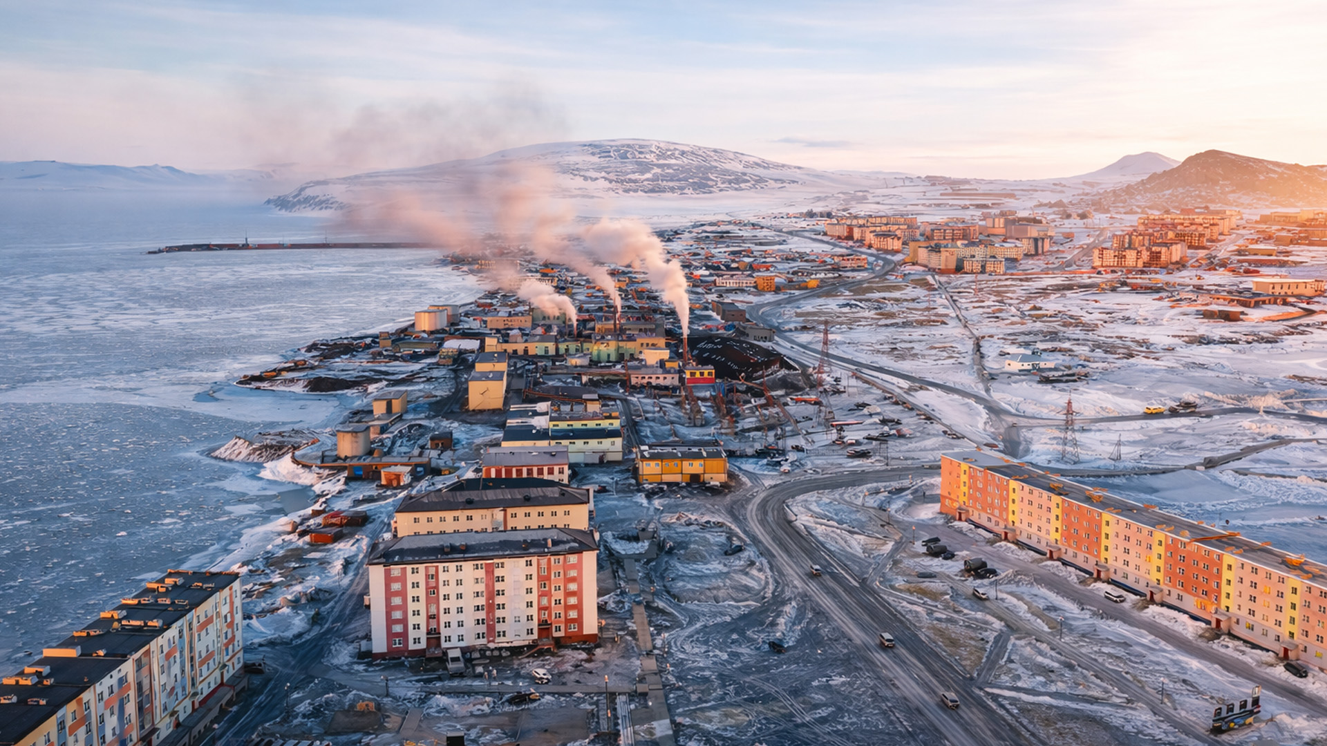Une ville encerclée par la glace et la mer