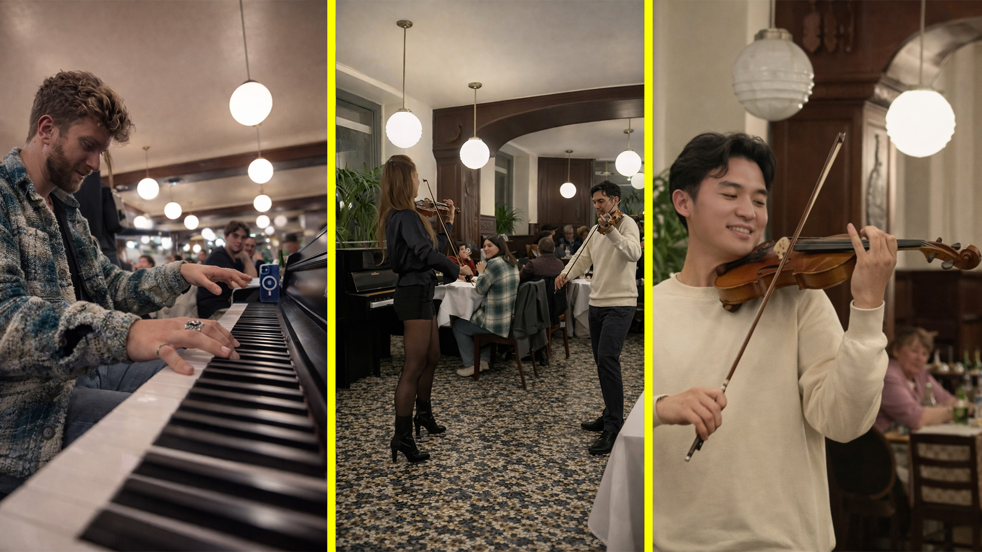 A restaurant performance with two violinists