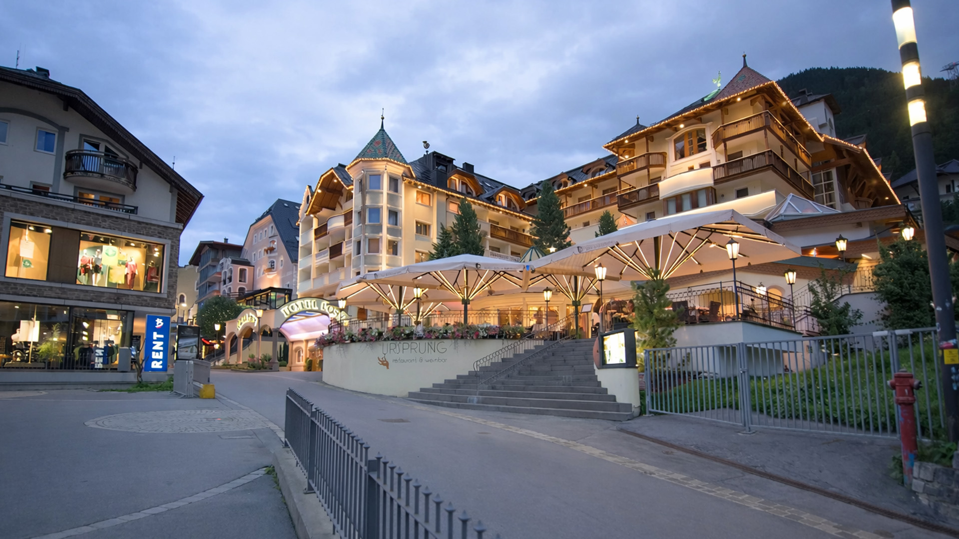 Ischgl Austria alpine evening among luxury resorts (4K)