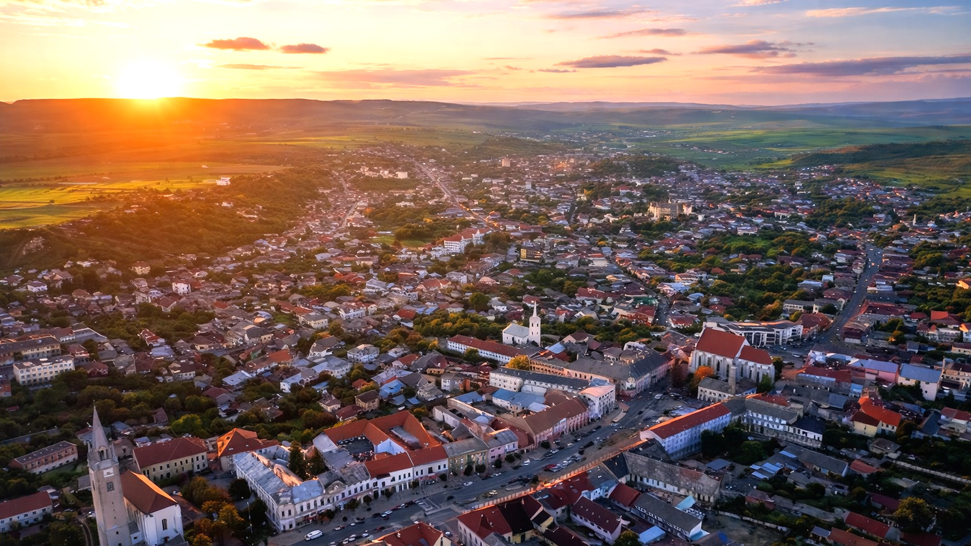 Golden light over Turda city in Transylvania