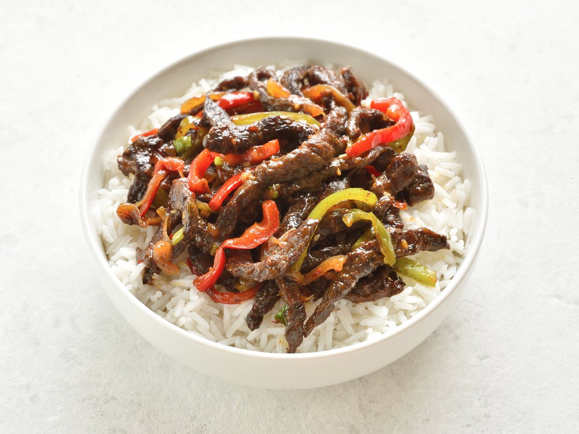 Crispy chili beef on basmati rice