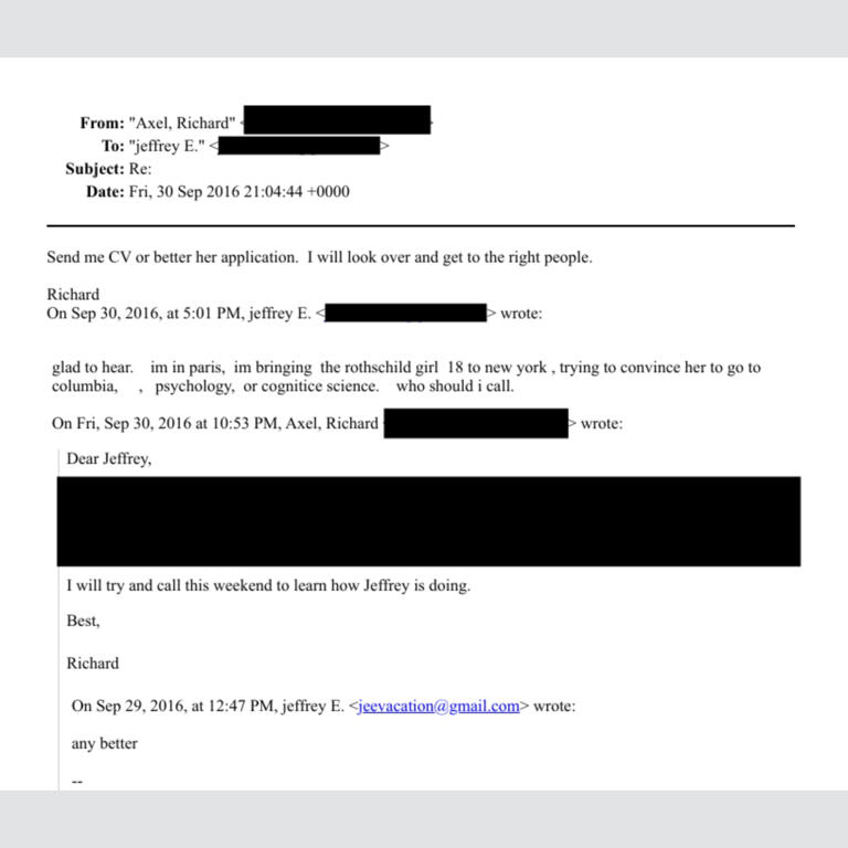 Emails between Epstein and Richard Axel, a Nobel laureate Columbia professor.