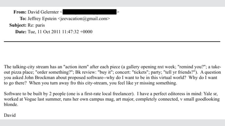 An email between Epstein and David Gelernter, a Yale professor.