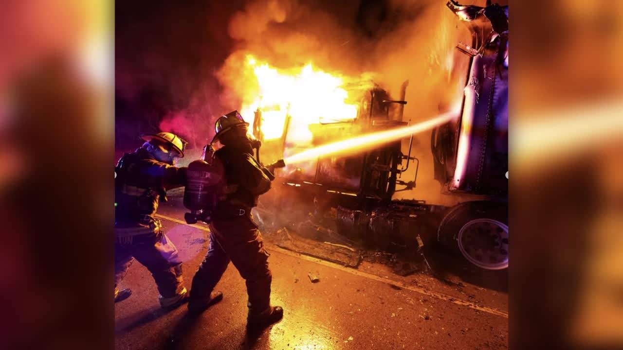Burning diesel spills across I-20 after loud pop triggers massive rig fire