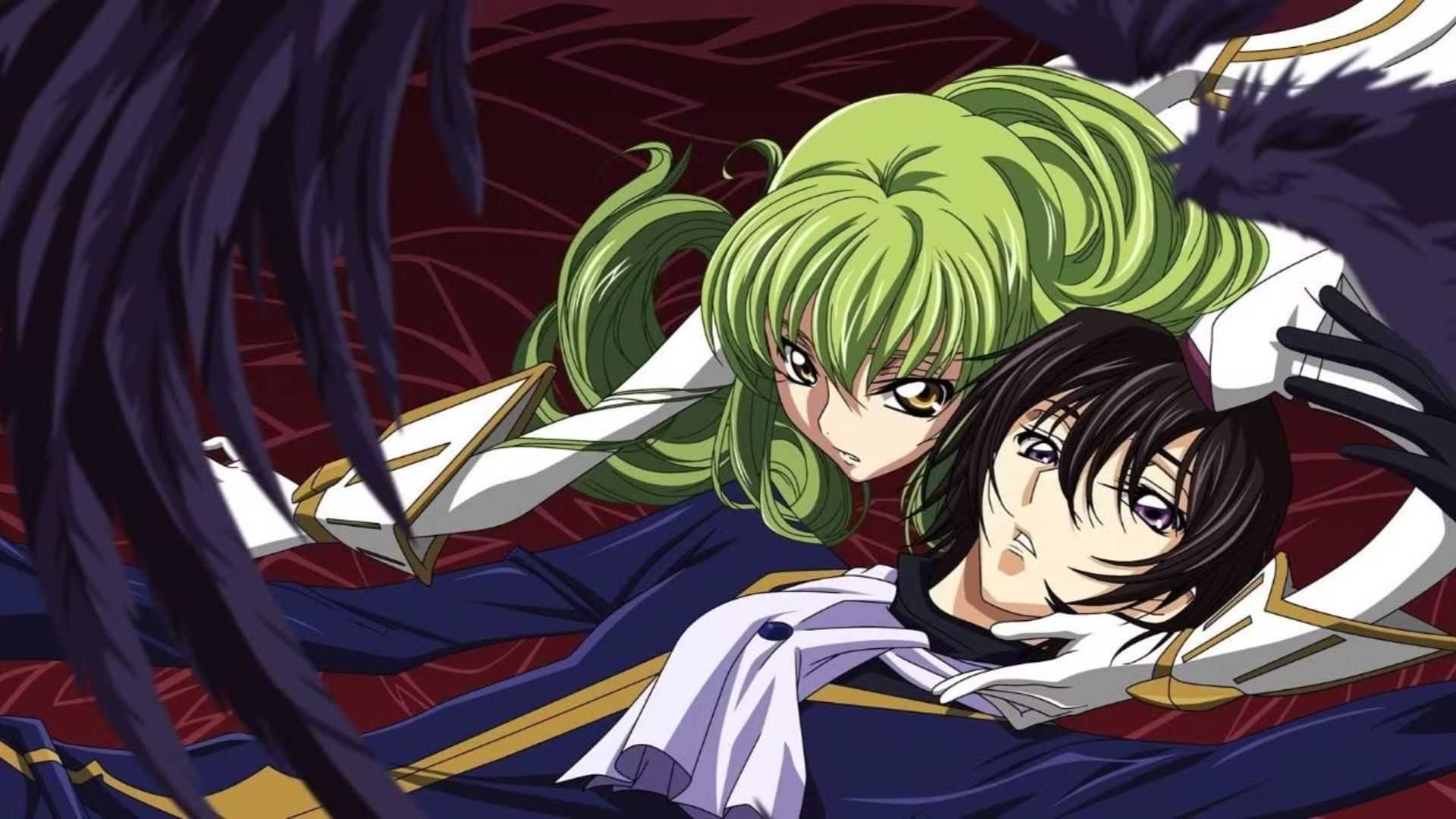 Code Geass C.C. crouches protectively over Lelouch.