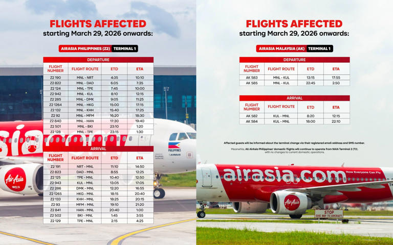 Here are the AirAsia flights affected by NAIA's terminal reassignment