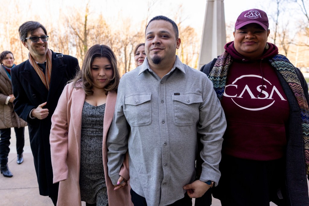 Kilmar Abrego Garcia with his wife Jennifer Vasquez Sura and attorney Simon Sandoval-Moshenberg (L) in 2025. SHAWN THEW/EPA/Shutterstock