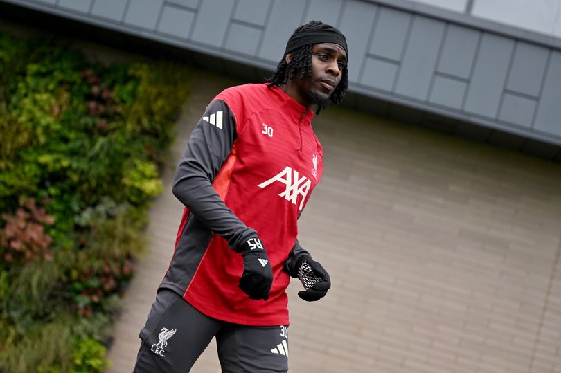 Jeremie Frimpong of Liverpool during a training session at AXA Training Centre on February 26, 2026 in Kirkby, England
