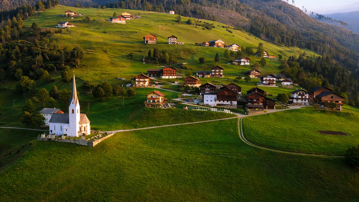 Peaceful village in green hills