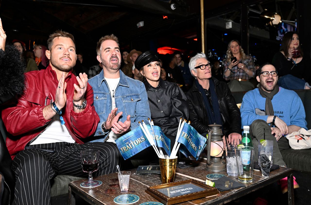 (l-r) Colton Underwood, Jordan C. Brown, Lisa Rinna, Harry Hamlin at The Abbey in West Hollywood Credit: Griffin Nagel/Peacock via Getty
