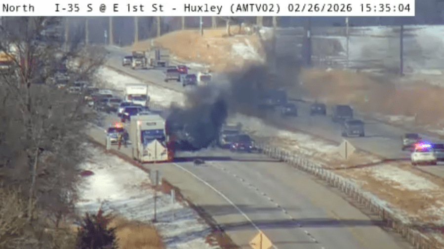 Semi hauling hogs goes up in flames along I-35 in Story County