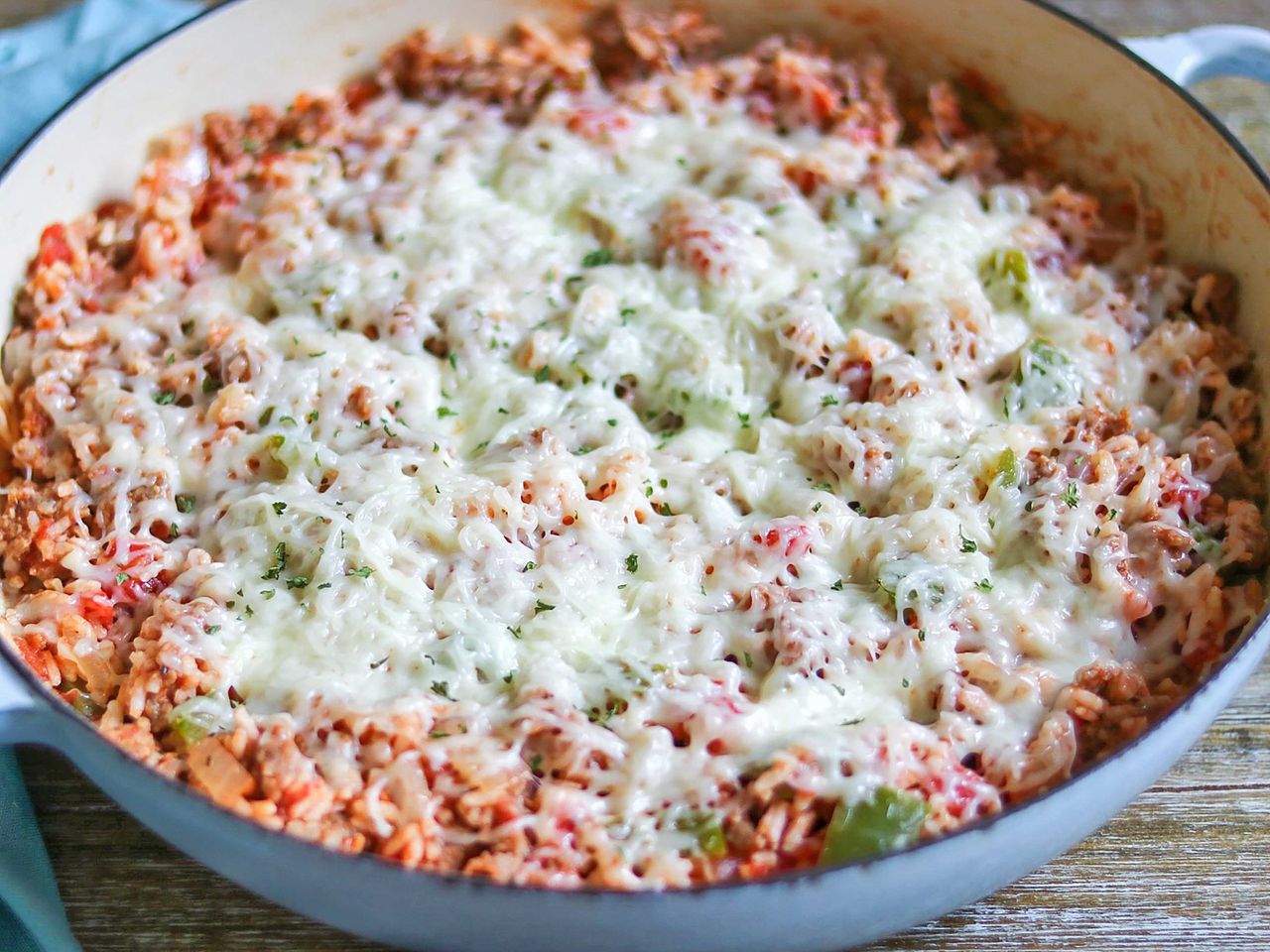 Italian skillet topped with melted cheese