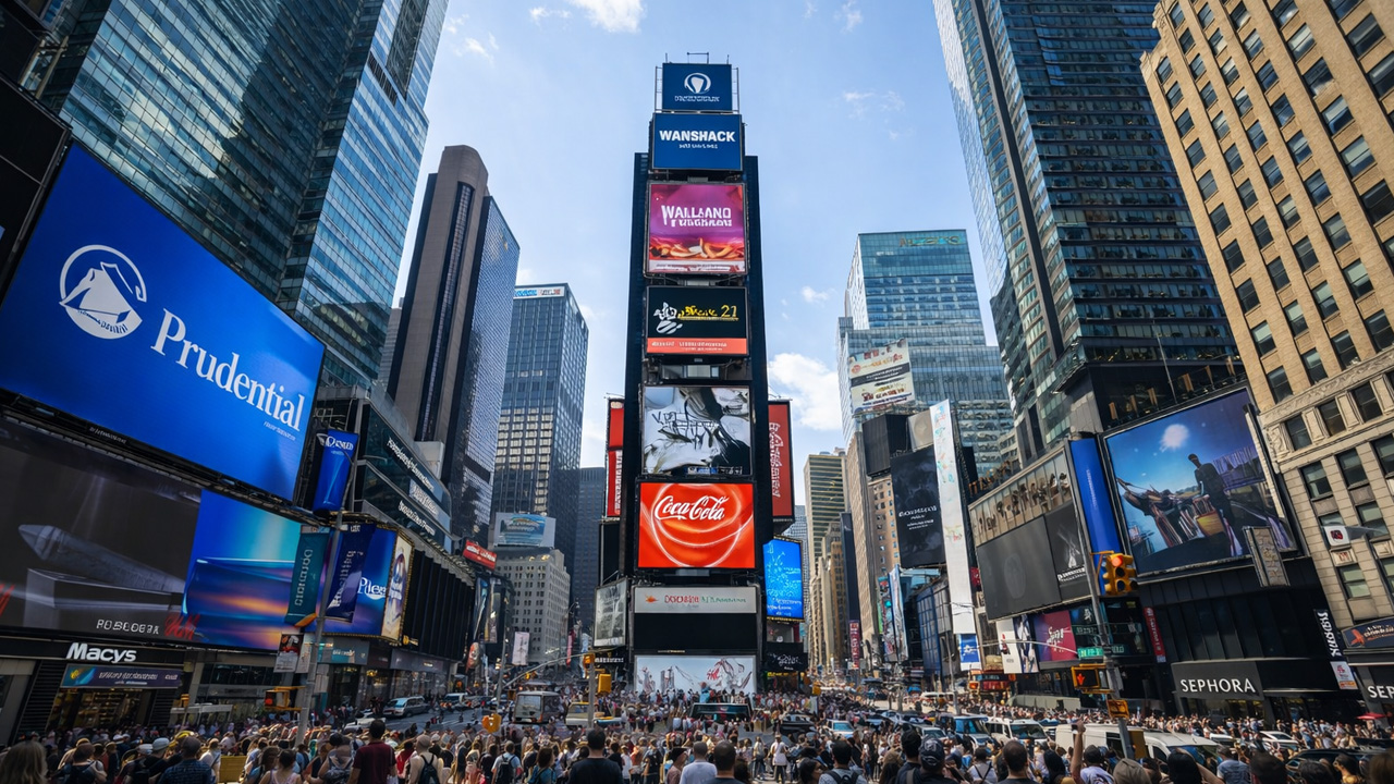 Times Square rising between Manhattan towers
