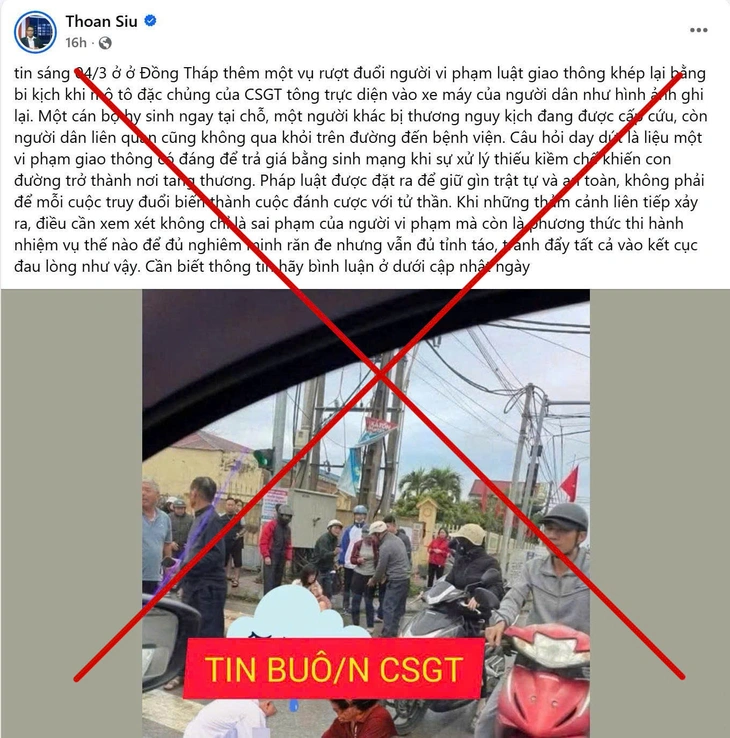 CSGT Đồng Tháp bác tin đồn vụ rượt đuổi người vi phạm khiến một cán bộ và người dân tử vong