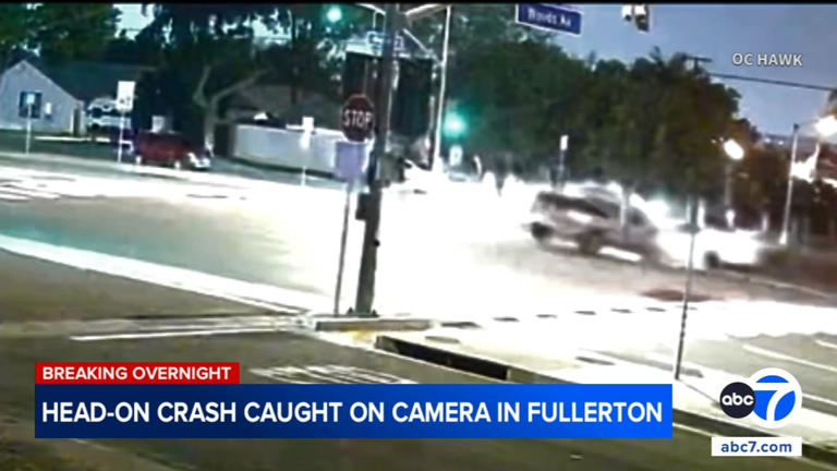 Car slams into truck in violent head-on crash caught on camera in Fullerton