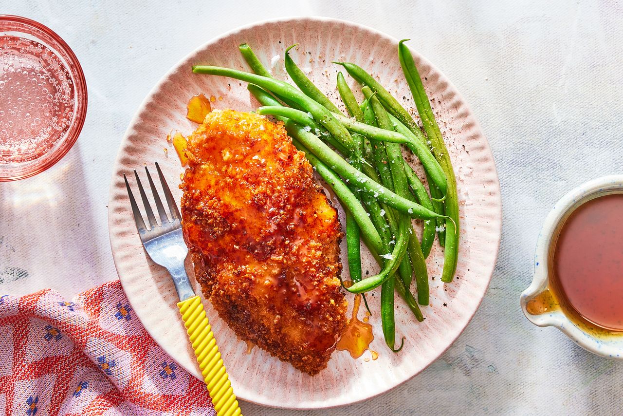 Southern Living Hot Honey Chicken on a plate to serve with green beans