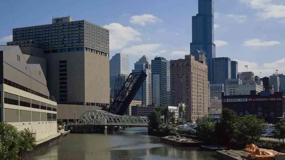The Chicago bridge that leads into a skyscraper