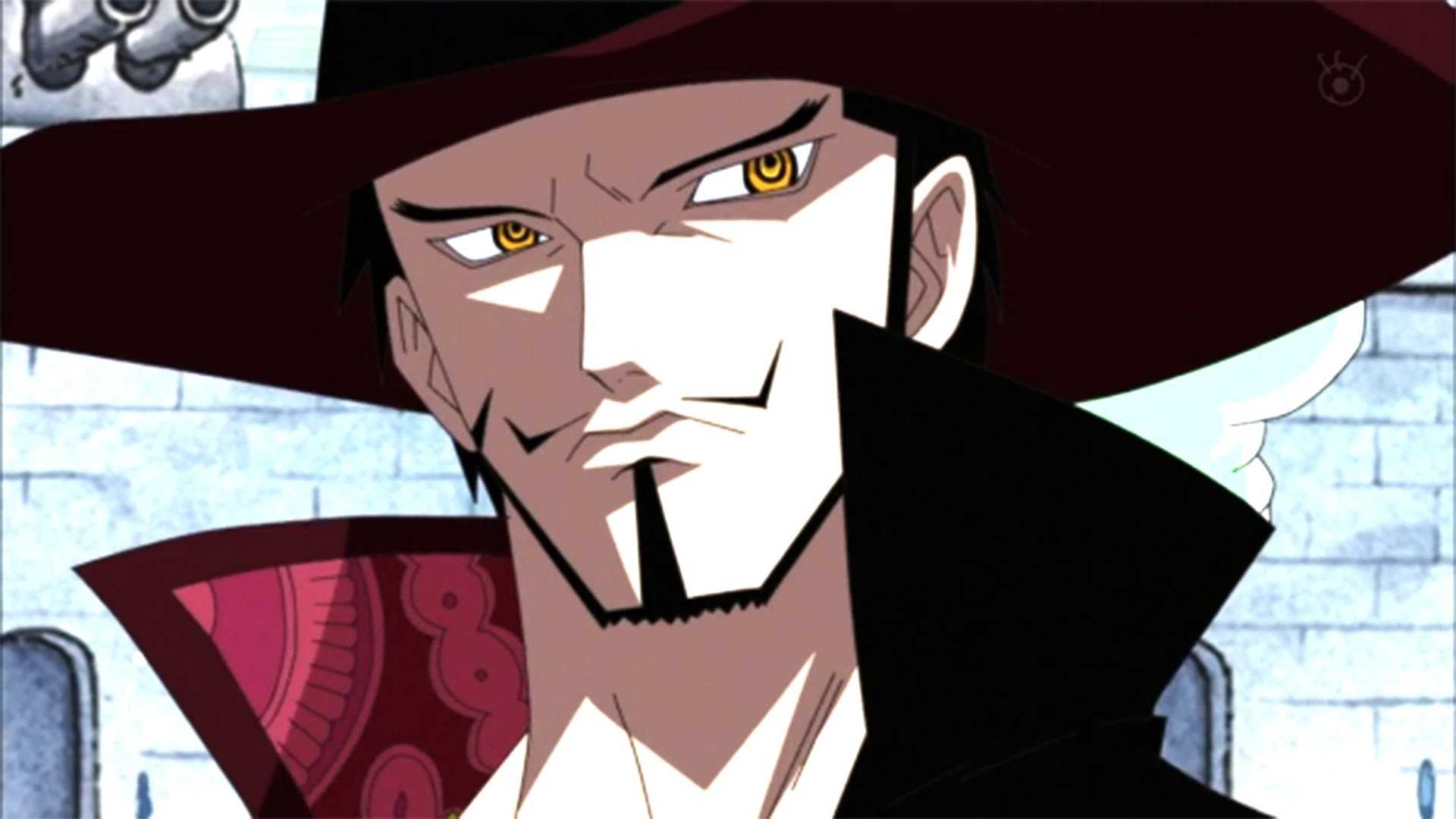 Mihawk displays a neutral face, eyes looking to the side in One Piece