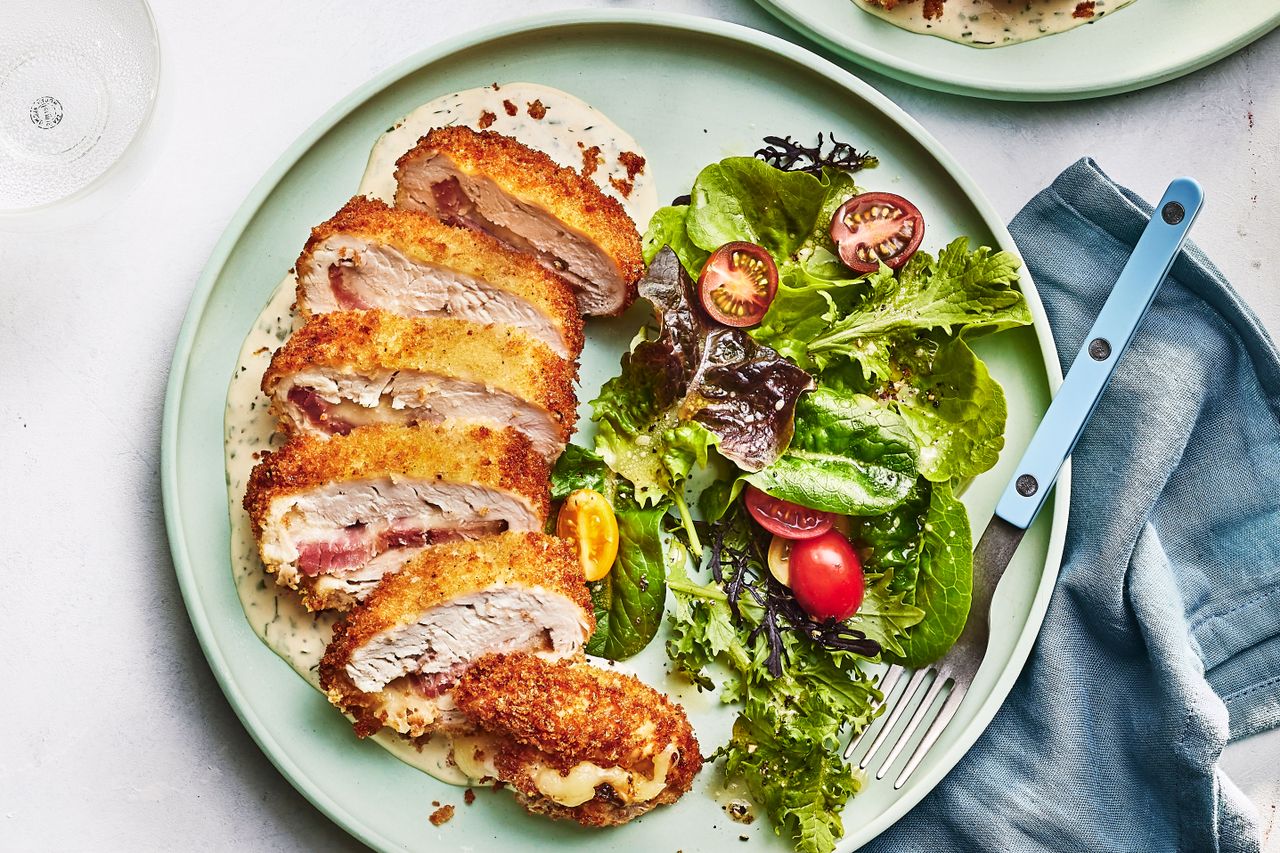 Southern Living Chicken Cordon Bleu on a plate to serve with a simple green salad.
