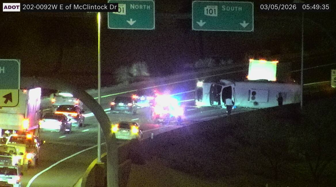 Rollover crash blocks Loop 202 transition to Loop 101 near Tempe