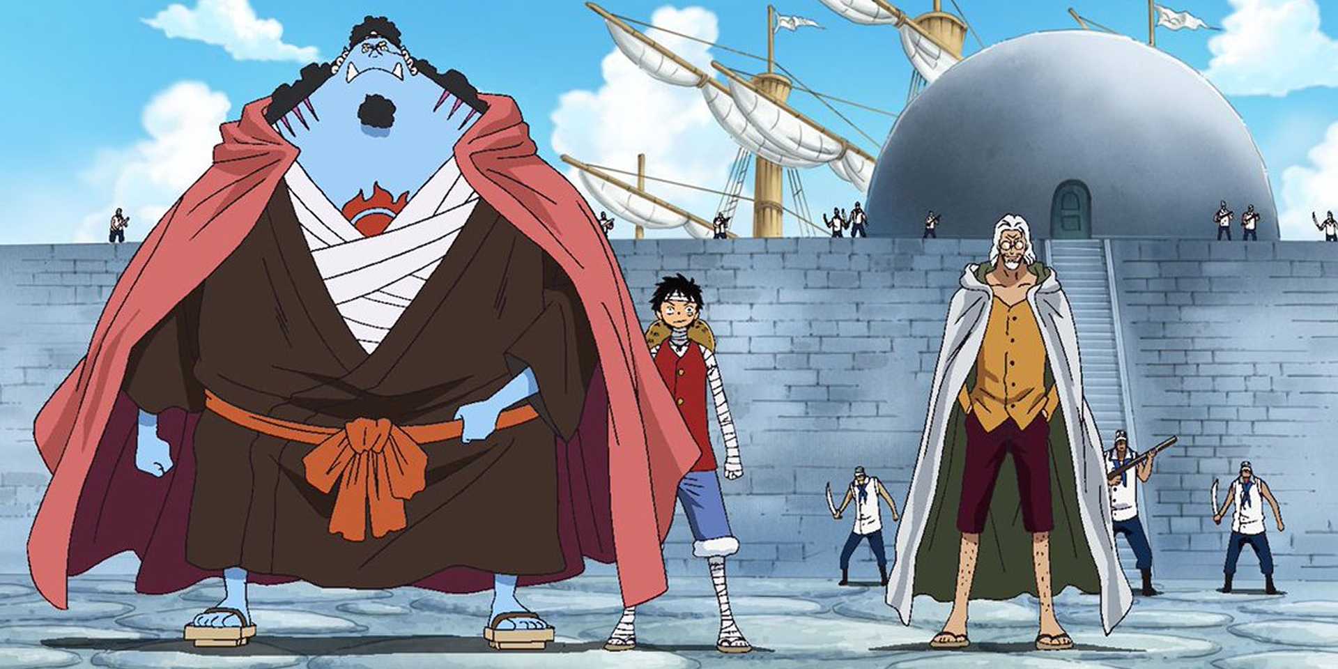 Luffy, Jinbe and Rayleigh arrive at Marineford in One Piece
