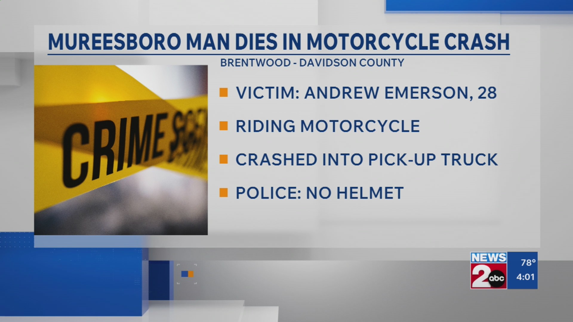 Murfreesboro man killed in motorcycle crash along Old Hickory Boulevard