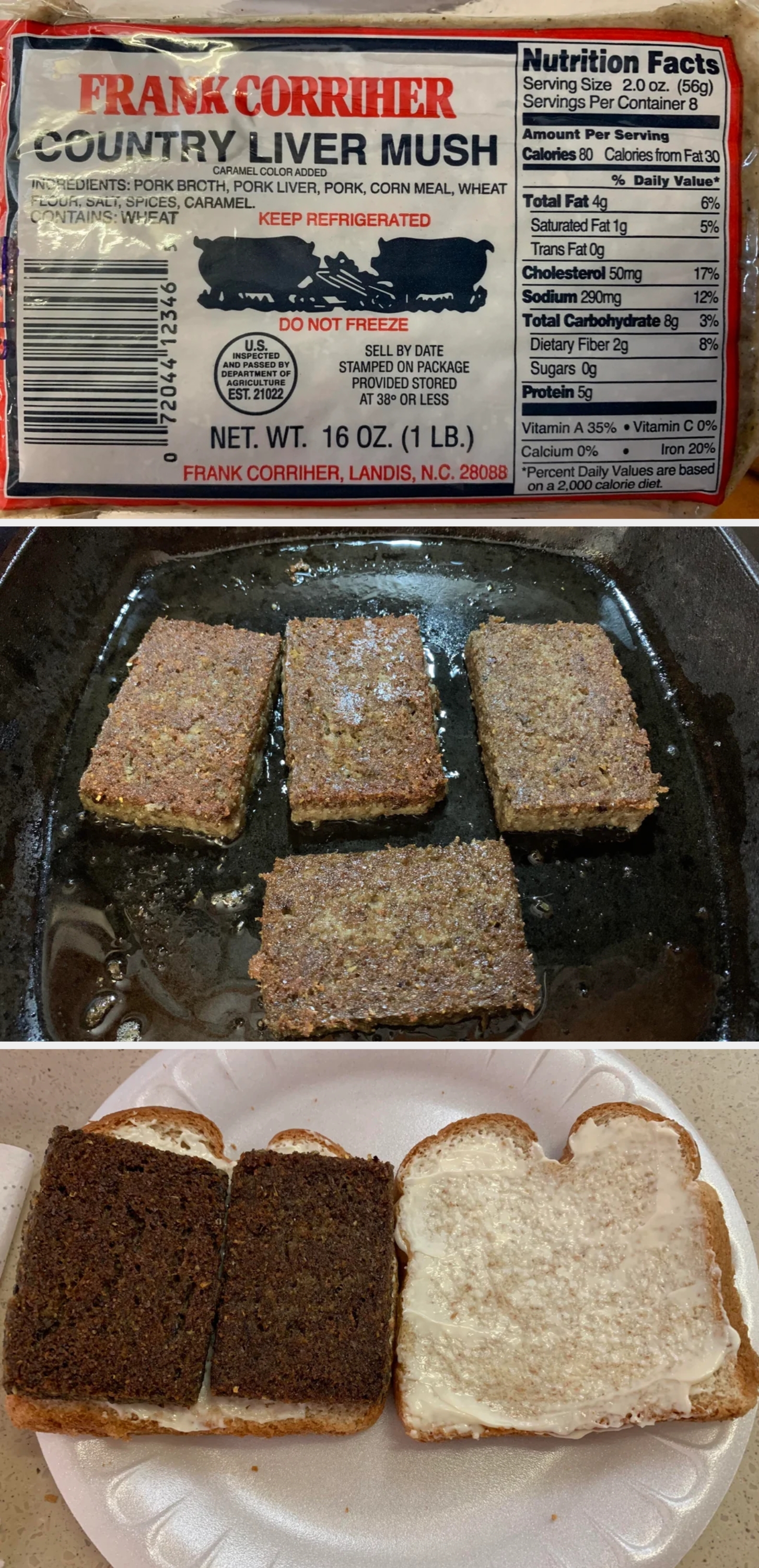 Frank Corriher Country Liver Mush packaging, listing ingredients, nutritional facts, and storage instructions. 16 oz (1 lb) product with company details
