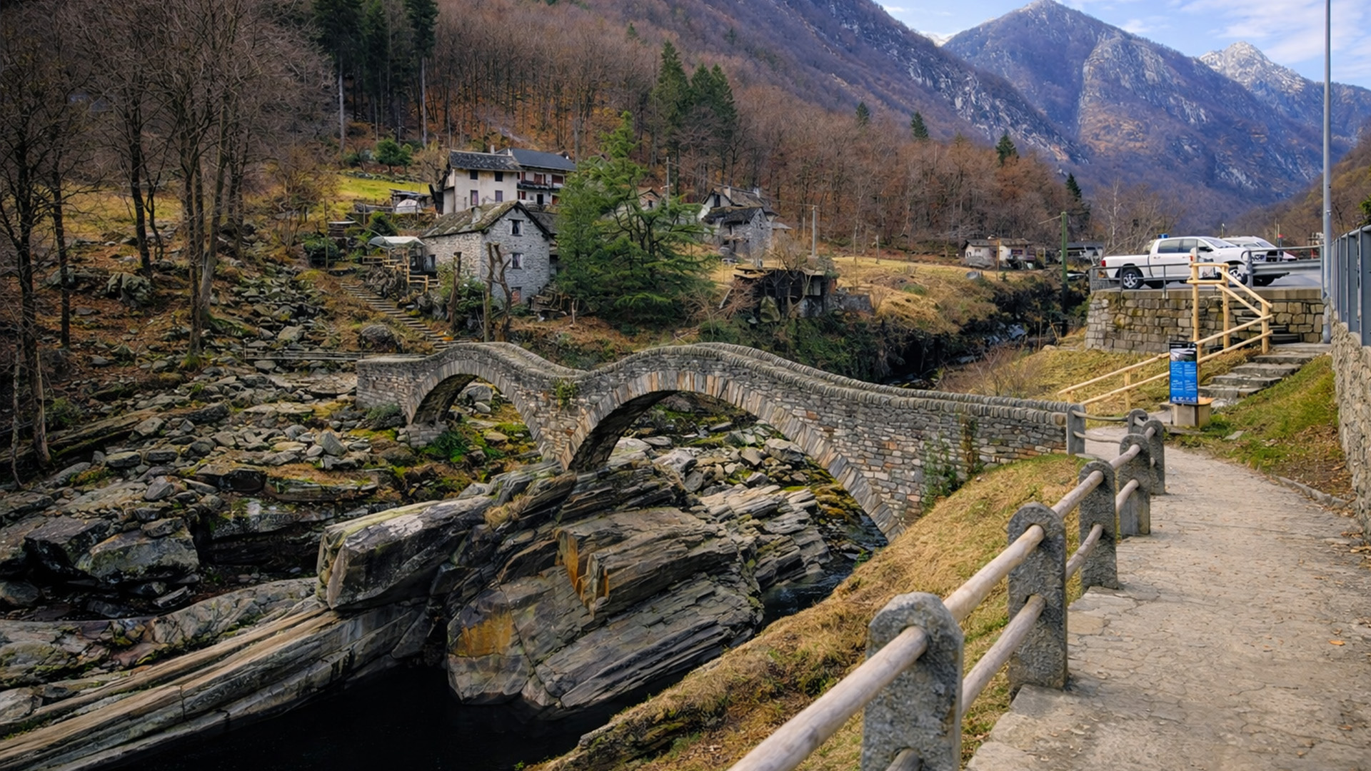 Lavertezzo Ticino scenic village by the Verzasca River (4K)