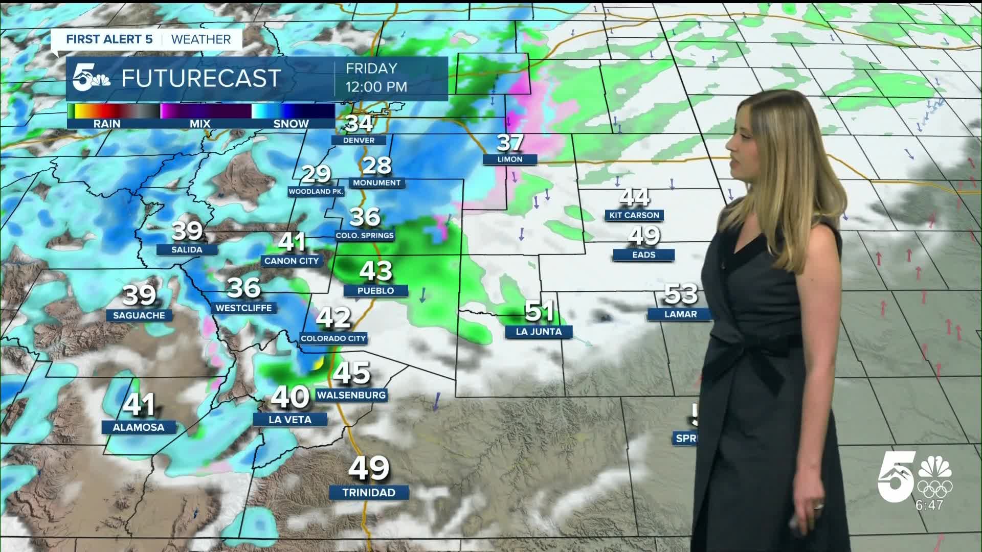 A snowy and blustery day is expected in southern Colorado on Friday