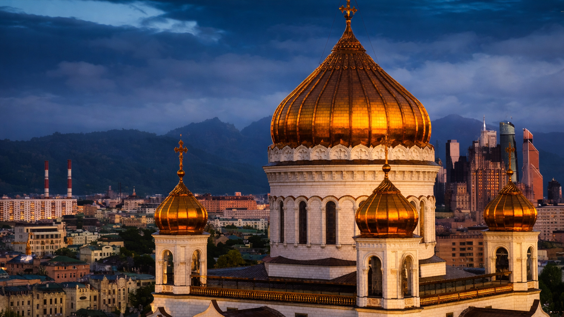 Massive golden cathedral rising above the entire city