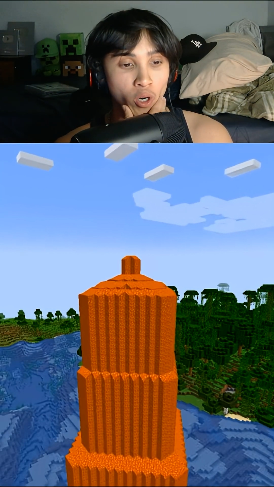 Building a stone tower using lava and water