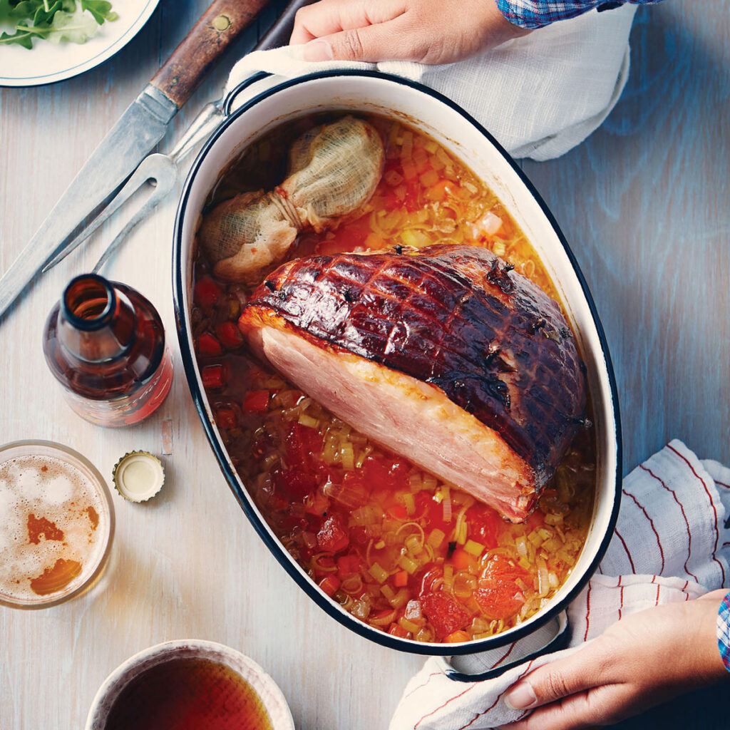 Beer and maple braised ham